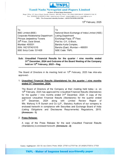 Thumbnail Tamil Nadu Newsprint and Papers Limited
 Quarterly Report 2024-q3