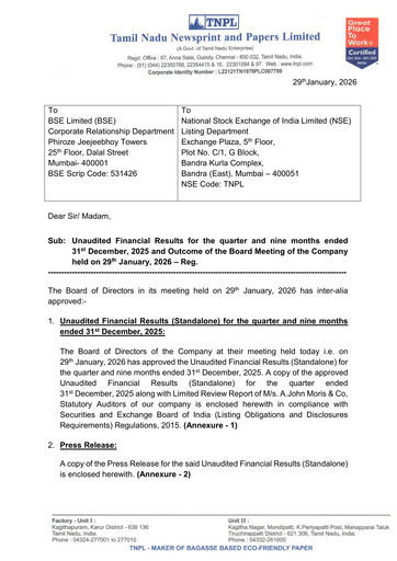 Vorschaubild Tamil Nadu Newsprint and Papers Limited
 Quartalsbericht 2025-q3