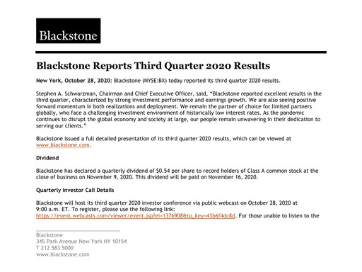 Thumbnail Blackstone Group Quarterly Report 2020-q3