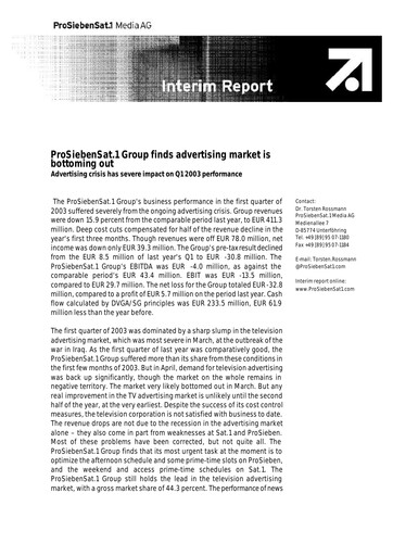 Thumbnail ProSiebenSat.1 Media
 Quarterly Report 2003-q1