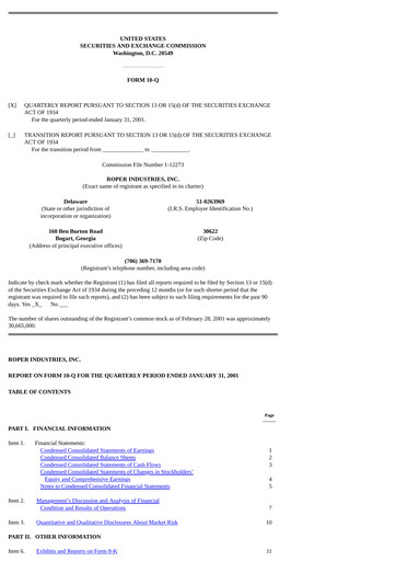 Vorschaubild Roper Technologies Quartalsbericht 2001-q1