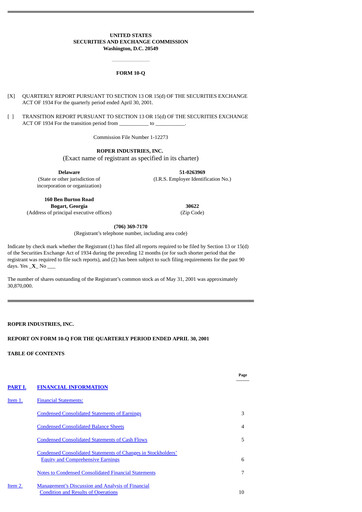 Vorschaubild Roper Technologies Quartalsbericht 2001-q2