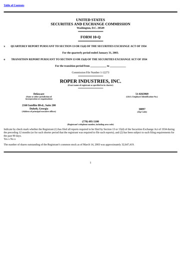 Vorschaubild Roper Technologies Quartalsbericht 2003-q1