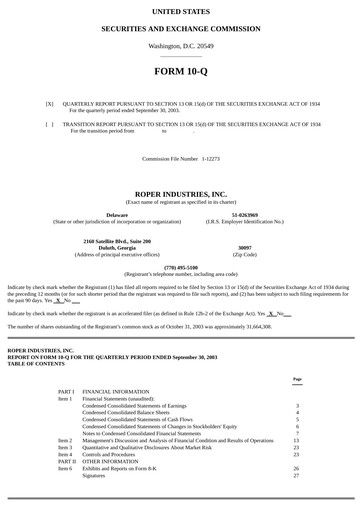 Vorschaubild Roper Technologies Quartalsbericht 2003-q3