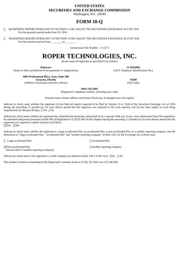 Vorschaubild Roper Technologies Quartalsbericht 2016-q2