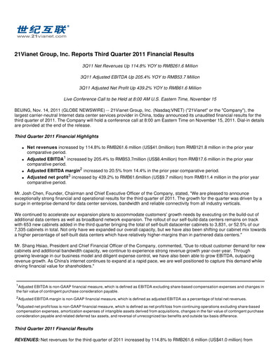 Thumbnail VNET Group Quarterly Report 2011-q3