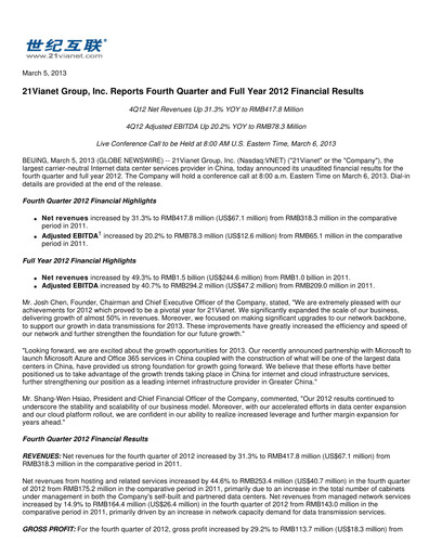 Thumbnail VNET Group Quarterly Report 2012-q4