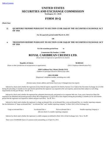 Thumbnail Royal Caribbean Group Quarterly Report 2015-q1