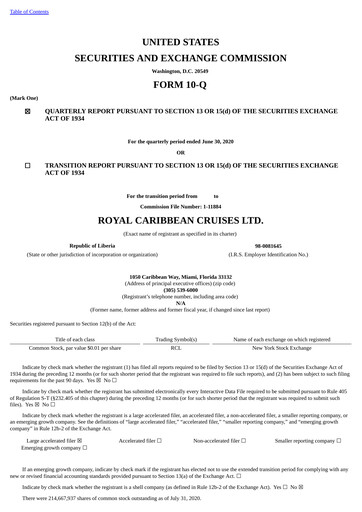 Thumbnail Royal Caribbean Group Quarterly Report 2020-q2