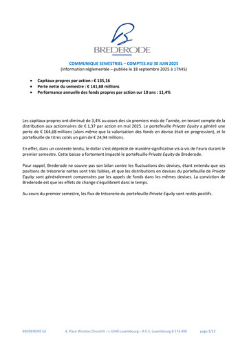 Miniature Brederode Rapport semestriel 2025-h1