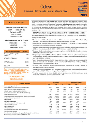 Vorschaubild Celesc (Centrais Elétricas de Santa Catarina) Quartalsbericht 2019-q4