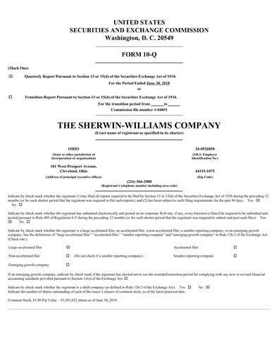 Thumbnail Sherwin-Williams Quarterly Report 2018-q2