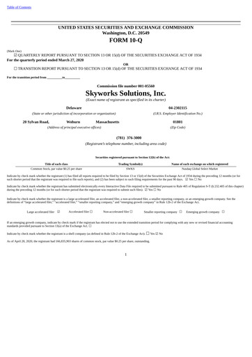 Thumbnail Skyworks Solutions
 Quarterly Report 2020-q2