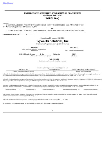 Thumbnail Skyworks Solutions
 Quarterly Report 2022-q1