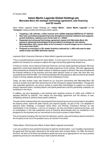 Miniature Aston Martin
 Rapport trimestriel 2020-q3