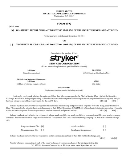Thumbnail Stryker Corporation Quarterly Report 2011-q3