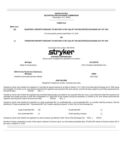 Thumbnail Stryker Corporation Quarterly Report 2016-q1