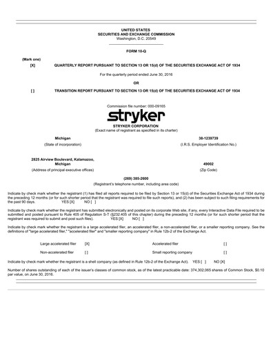 Thumbnail Stryker Corporation Quarterly Report 2016-q2