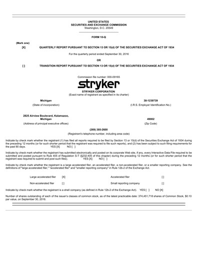 Thumbnail Stryker Corporation Quarterly Report 2016-q3