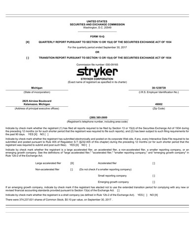 Thumbnail Stryker Corporation Quarterly Report 2017-q3