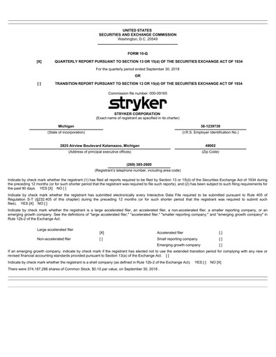 Thumbnail Stryker Corporation Quarterly Report 2018-q3