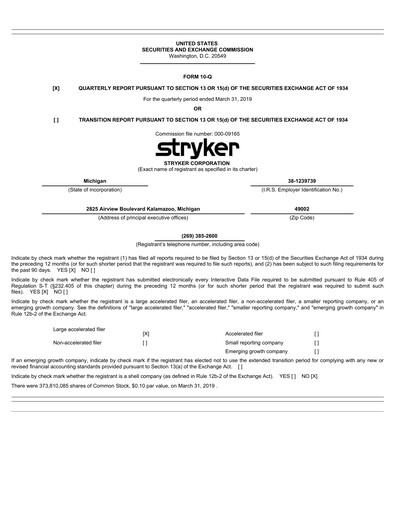 Thumbnail Stryker Corporation Quarterly Report 2019-q1