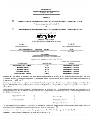 Thumbnail Stryker Corporation Quarterly Report 2019-q2