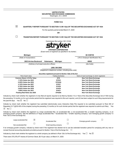 Thumbnail Stryker Corporation Quarterly Report 2020-q1