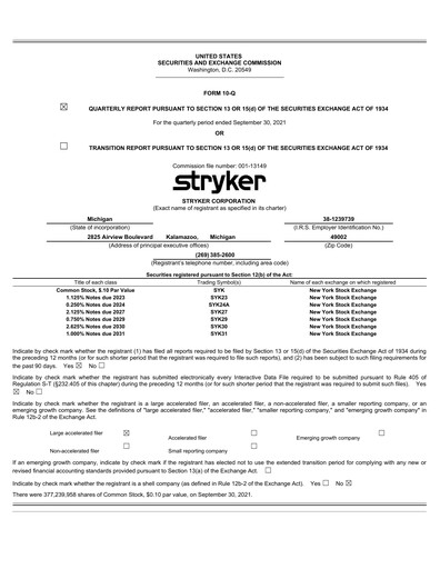Thumbnail Stryker Corporation Quarterly Report 2021-q3
