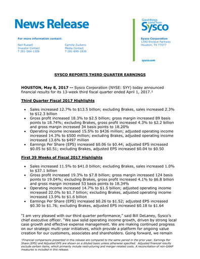 Thumbnail Sysco Quarterly Report 2017-q3