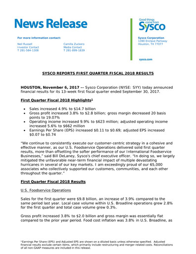 Thumbnail Sysco Quarterly Report 2018-q1