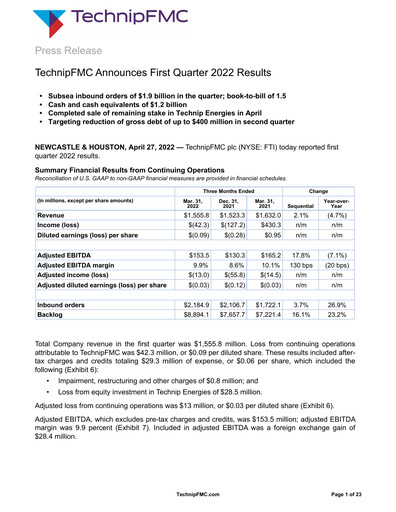 Thumbnail TechnipFMC
 Quarterly Report 2022-q1