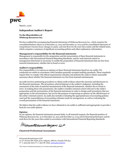 Thumbnail Whitecap Resources Financial Statement 2015