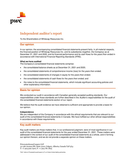 Vorschaubild Whitecap Resources Finanzmitteilung 2021