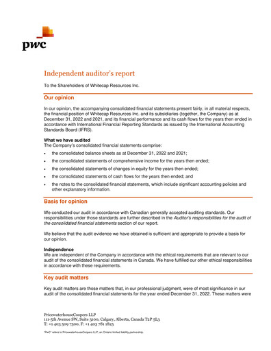 Vorschaubild Whitecap Resources Finanzmitteilung 2022