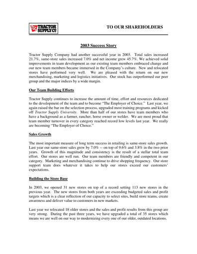 Thumbnail Tractor Supply Annual Report 2003