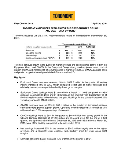 Thumbnail Toromont Quarterly Report 2016-q1