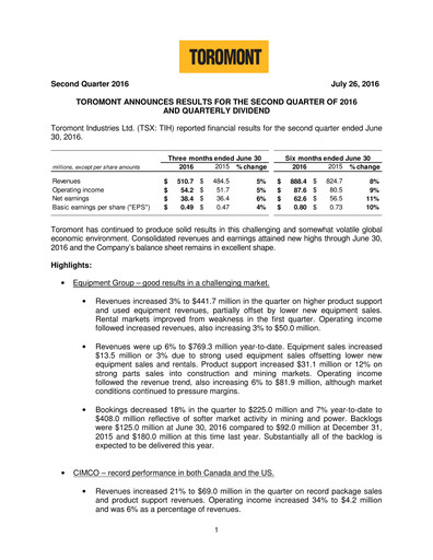 Thumbnail Toromont Quarterly Report 2016-q2