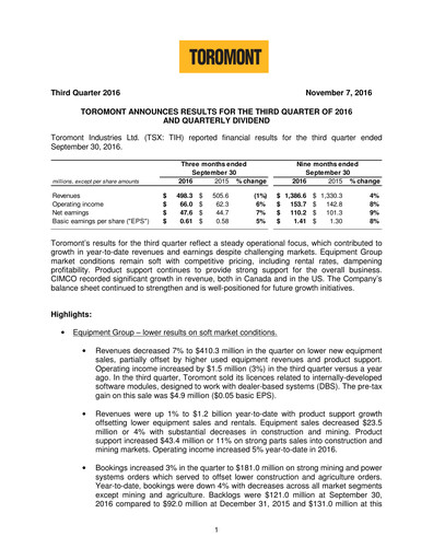 Thumbnail Toromont Quarterly Report 2016-q3