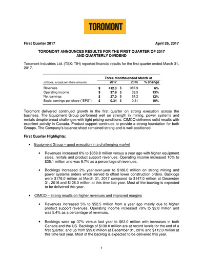 Thumbnail Toromont Quarterly Report 2017-q1