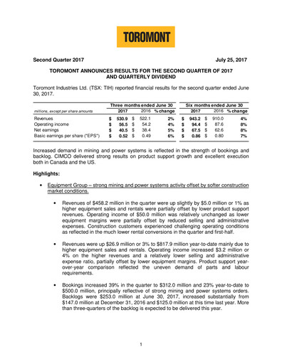 Thumbnail Toromont Quarterly Report 2017-q2