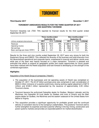 Thumbnail Toromont Quarterly Report 2017-q3