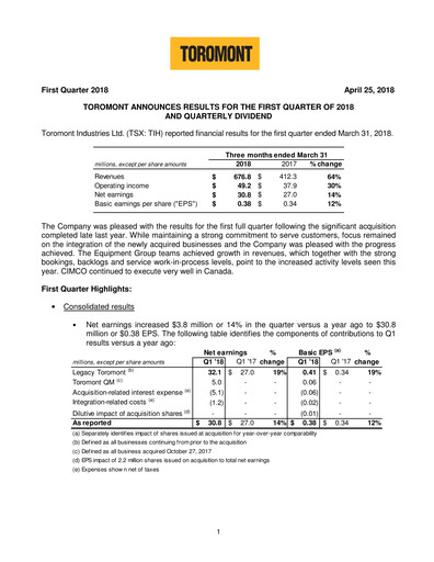 Thumbnail Toromont Quarterly Report 2018-q1