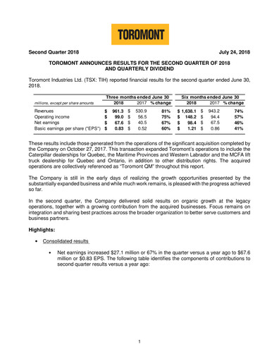 Thumbnail Toromont Quarterly Report 2018-q2