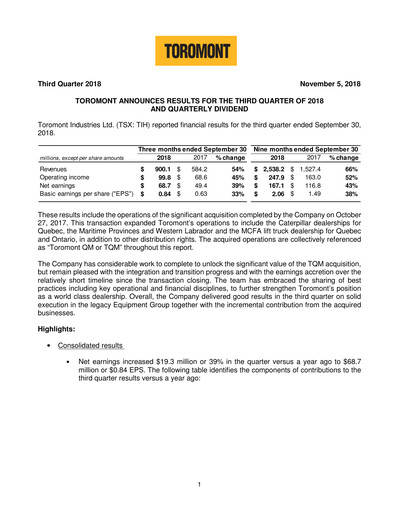 Thumbnail Toromont Quarterly Report 2018-q3