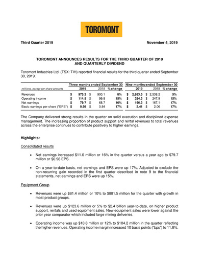 Thumbnail Toromont Quarterly Report 2019-q3
