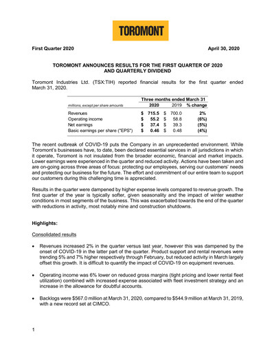 Thumbnail Toromont Quarterly Report 2020-q1