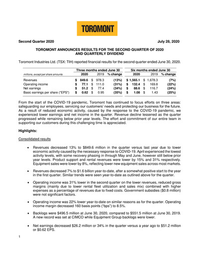 Thumbnail Toromont Quarterly Report 2020-q2