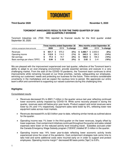 Thumbnail Toromont Quarterly Report 2020-q3
