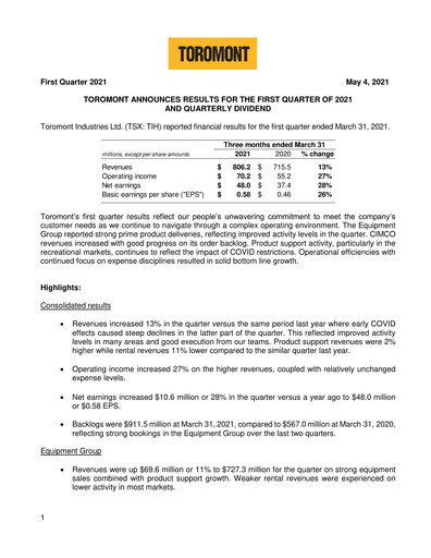 Thumbnail Toromont Quarterly Report 2021-q1